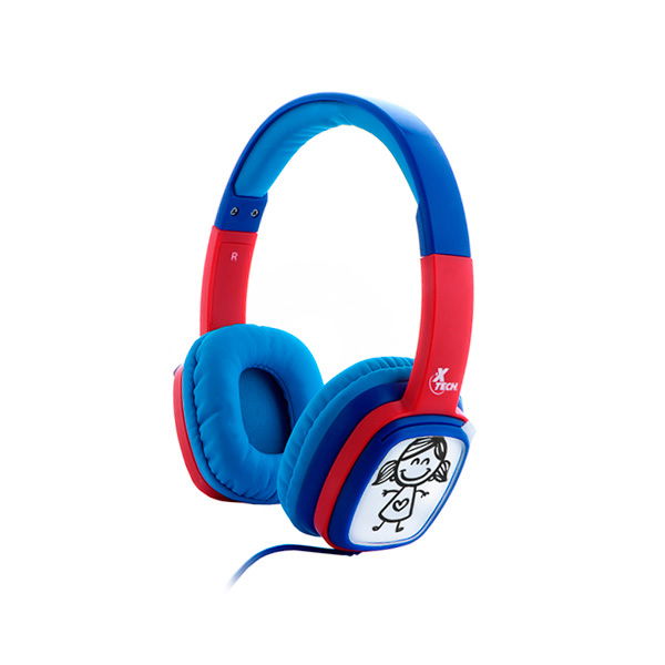 Audífonos de Diadema Xtech Sound Art XTH-350BL - Tecnología de limitación de volumen - Protege la audición al limitar el volumen a 85dB - Cá­psulas para los oídos con tarjetas intercambiables para que cada niño pueda colorear con su propio estilo