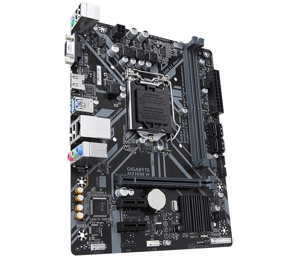 Gigabyte H310M H - 1.0 - placa base - micro ATX - LGA1151 Socket - H310 Chipset - USB 3.1 Gen 1 - Gigabit LAN - Tarjeta gráfica (CPU necesaria) - HD Audio (8-canales) Gigabyte H310M H - 1.0 - placa base - micro ATX - LGA1151 Socket - H310 Chipset - USB 3.1 Gen 1 - Gigabit LAN - Tarjeta gráfica (CPU necesaria) - HD Audio (8-canales)
