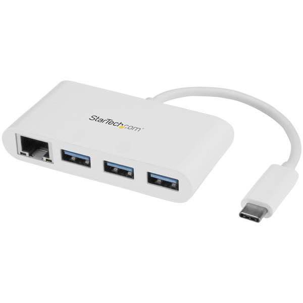 StarTech.com Concentrador USB 3.0 de 3 Puertos con USB-C y Ethernet Gigabit - Hub Ladrón de USB Convencional - Blanco