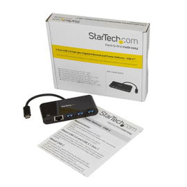 StarTech.com Hub Concentrador USB 3.0 USB-C de 3 Puertos con Ethernet Gigabit y Entrega de Alimentación de 60W con Puerto Pass-Through - USB Tipo C a 3 Puertos USB-A (USB 3.0 SuperSpeed de 5Gbps) - Ladrón Adaptador USB 3.1/3.2 Gen 1 TipoC