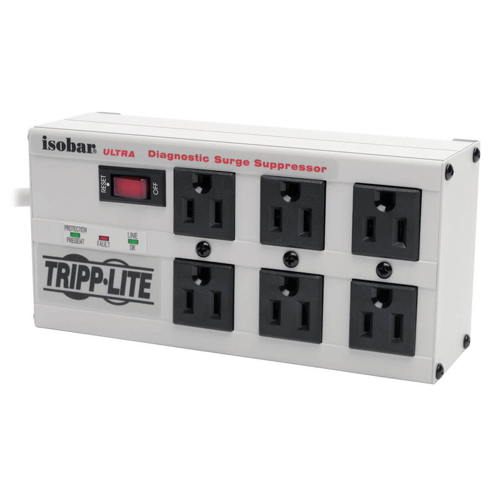 Tripp Lite Supresor de sobretensiones Isobar de 6 tomacorrientes, 1.83 m [6 pies]. Supresor de Sobretensiones Isobar con 4 Tomacorrientes, Cable de 1.83 m [6 pies] con Clavija en Ángulo Recto, 3330 joules, LEDs de Diagnóstico, Gabinete Metálico