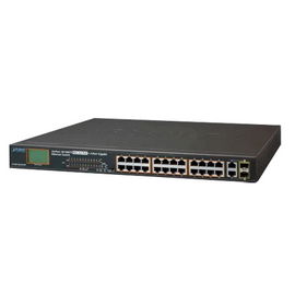 Switch no administrable de 24 puertos PoE+, 2 combo TP/SFP Gigabit y pantalla LCD para monitoreo Switch no administrable de 24 puertos PoE+, 2 combo TP/SFP Gigabit y pantalla LCD para monitoreo