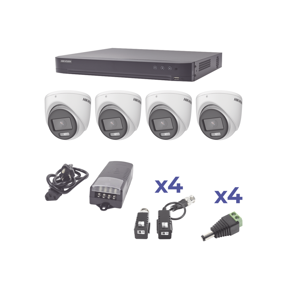 KIT COLORVU TURBOHD 1080p / DVR 4 Canales / 4 Cámaras eyeball (exterior) lente 2.8mm / Fuente de poder profesional / Transceptores de video y Accesorios de corriente