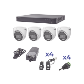KIT COLORVU TURBOHD 1080p / DVR 4 Canales / 4 Cámaras eyeball (exterior) lente 2.8mm / Fuente de poder profesional / Transceptores de video y Accesorios de corriente