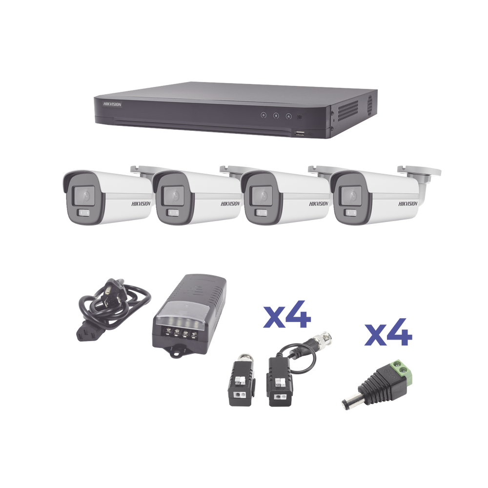 KIT COLORVU TURBOHD 1080p / DVR 4 Canales / 4 Cámaras Bala (exterior) lente 2.8mm / Fuente de poder profesional / Transceptores de video y Accesorios de corriente