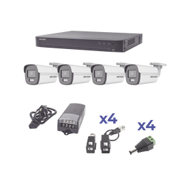 KIT COLORVU TURBOHD 1080p / DVR 4 Canales / 4 Cámaras Bala (exterior) lente 2.8mm / Fuente de poder profesional / Transceptores de video y Accesorios de corriente