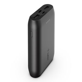 Belkin - Cargador portátil - 10000 mAh - 15 vatios - 2.4 A - 3 conectores de salida (2 x USB, 24 pin USB-C) - en el cable: USB-C - negro