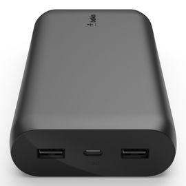 Belkin - Cargador portátil - 20000 mAh - 3 conectores de salida (USB, 24 pin USB-C) - en el cable: USB, USB-C - negro
