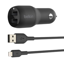 Belkin Dual Charger - Adaptador de corriente para el coche - 24 vatios - 4.8 A - 2 conectores de salida (USB) - en el cable: Lightning - negro