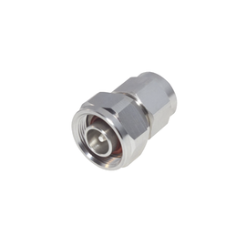 Straight Adapter from 4.3-10 Male Connector to N Male, White Bronze/ Silver/ PTFE.