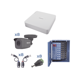 KIT TurboHD 720p / Incluye DVR 8 Ch / 8 Cámaras Balas (exterior 2.8 mm) / Conectores / Transceptores / Fuente de Poder Profesional hasta 15 Vcd para Larga Distancia