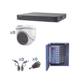 Kit TURBOHD 1080p / DVR 8 Canales / 8 Cámaras Turret (exterior 2.8 mm) / Conectores / Transceptores / Fuente de Poder Profesional hasta 15 Vcd para Larga Distancia