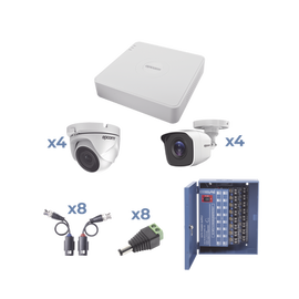 KIT TurboHD 720p / Incluye DVR 8Ch / 4 Cámaras Bullet (exterior 3.6 mm) / 4 Cámaras Domo (interior 2.8 mm) / Transceptores / Conectores / Fuente de poder profesional, Hasta 15 Vcd para Larga Distancias