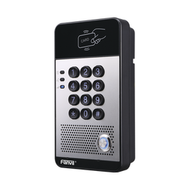 Portero IP con 2 líneas SIP, relevador integrado, teclado numérico y lectora de tarjetas RFID para control de acceso, PoE