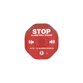 Anunciador Audible y Visible para Salida de Emergencia de Doble Hoja, Texto en Inglés y Etiquetas en Múltiples Idiomas