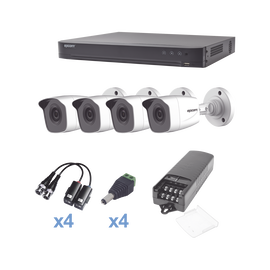 KIT TurboHD 1080p / DVR 4 Canales / 4 Cámaras Bala (exterior 2.8 mm) / Transceptores / Conectores / Fuente de Poder Profesional