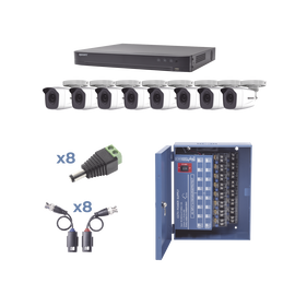 KIT TurboHD 1080p / DVR 8 Canales / 8 Cámaras Bala (exterior 2.8 mm) / Transceptores / Conectores / Fuente de Poder Profesional hasta 15 Vcd para Larga Distancias