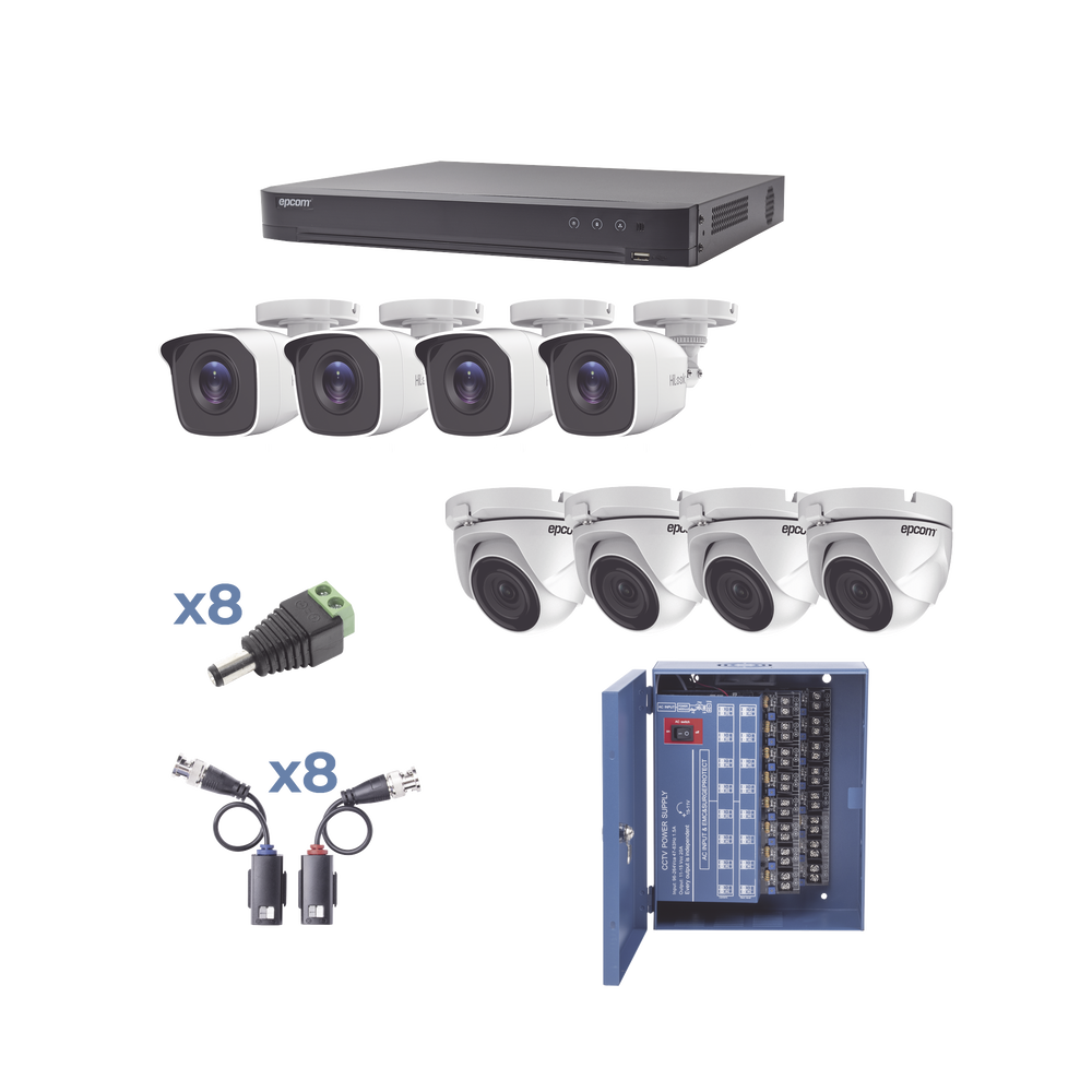 KIT TurboHD 1080p / DVR 8 Canales / 4 Cámaras Bala (exterior 2.8 mm) / 4 Cámaras Eyeball (exterior 2.8 mm) / Transceptores / Conectores / Fuente de Poder Profesional hasta 15 Vcd para Largas Distancias