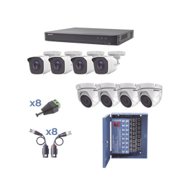 KIT TurboHD 1080p / DVR 8 Canales / 4 Cámaras Bala (exterior 2.8 mm) / 4 Cámaras Eyeball (exterior 2.8 mm) / Transceptores / Conectores / Fuente de Poder Profesional hasta 15 Vcd para Largas Distancias