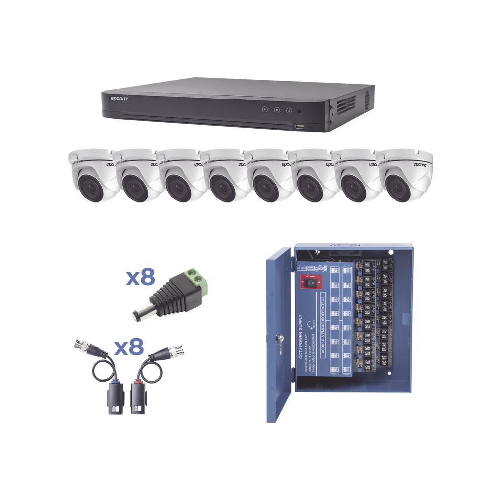 KIT TurboHD 1080p / DVR 8 Canales / 8 Cámaras Eyeball (exterior 2.8 mm) / Transceptores / Conectores / Fuente de Poder Profesional hasta 15 Vcd para Larga Distancia