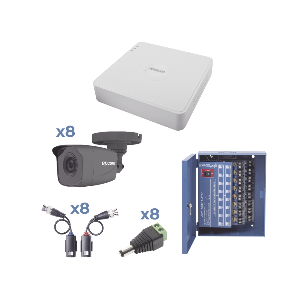 KIT TurboHD 720p / Incluye DVR 8 Ch / 8 Cámaras Balas (exterior 2.8 mm) / Conectores / Transceptores / Fuente de Poder Profesional hasta 15 Vcd para Larga Distancia