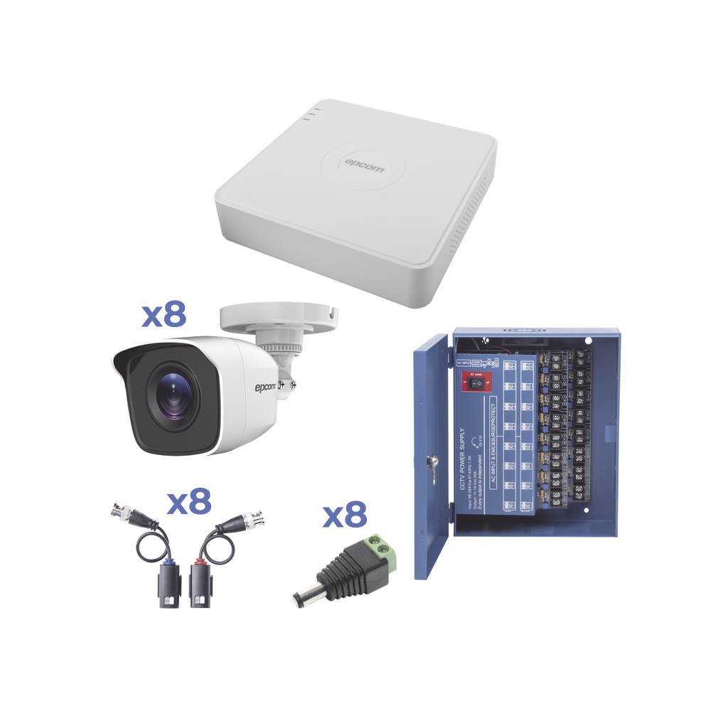 KIT TurboHD 720p / Incluye DVR 8 Ch / 8 Cámaras Balas (exterior 2.8 mm) / Conectores / Transceptores / Fuente de Poder Profesional hasta 15 Vcd para Larga Distancia