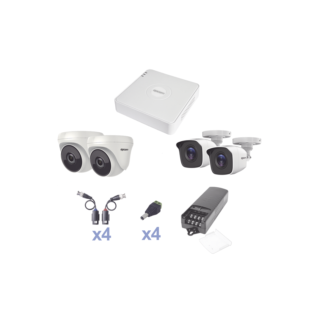 KIT TurboHD 720p / DVR 4 Canales / 2 Cámaras Bala (exterior 2.8 mm) / 2 Cámaras Eyeball (interior 2.8 mm) / Transceptores / Conectores / Fuente de Poder Profesional