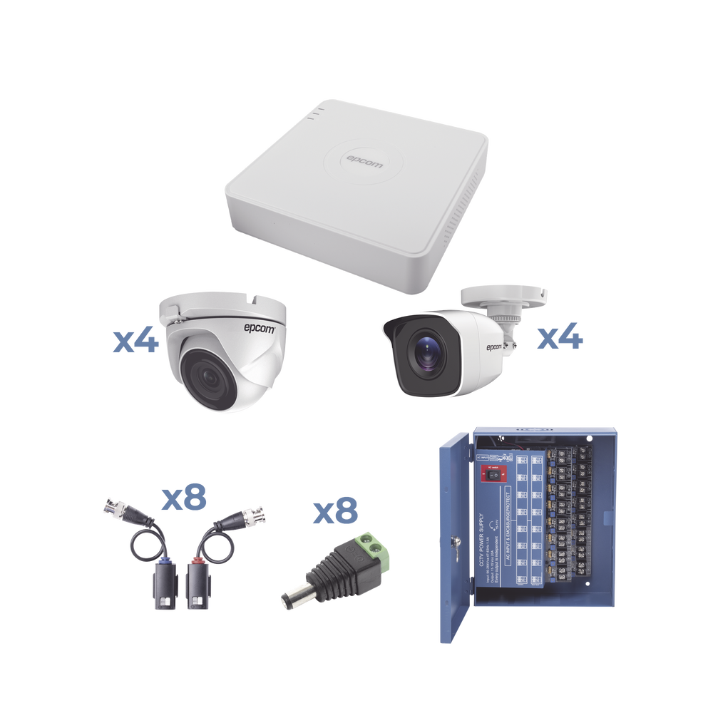 KIT TurboHD 720p / Incluye DVR 8Ch / 4 Cámaras Bullet (exterior 3.6 mm) / 4 Cámaras Domo (interior 2.8 mm) / Transceptores / Conectores / Fuente de poder profesional, Hasta 15 Vcd para Larga Distancias