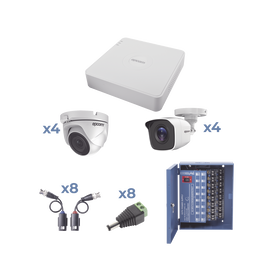 KIT TurboHD 720p / Incluye DVR 8Ch / 4 Cámaras Bullet (exterior 3.6 mm) / 4 Cámaras Domo (interior 2.8 mm) / Transceptores / Conectores / Fuente de poder profesional, Hasta 15 Vcd para Larga Distancias