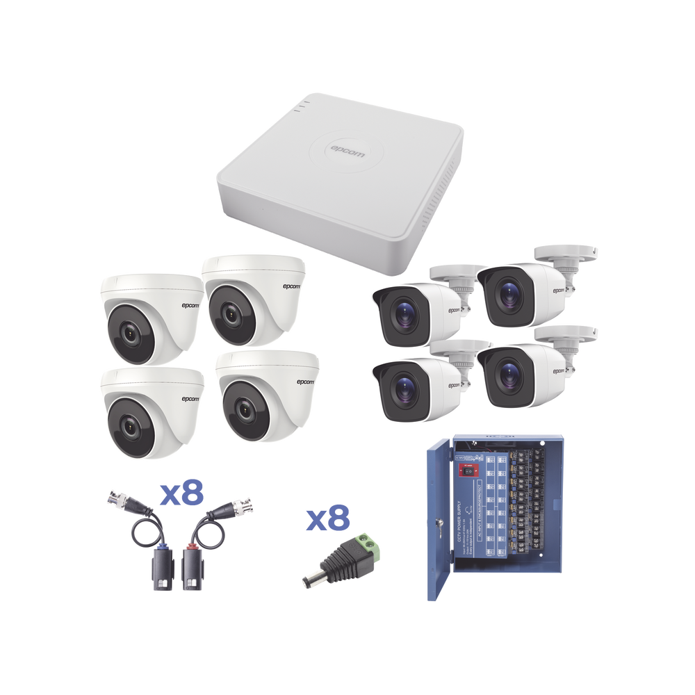 KIT TurboHD 720p / DVR 8 Ch / 4 Cámaras Bullet ( exterior 3.6 mm ) / 4 Cámaras Eyeball (interior 2.8mm ) / Transceptores / Conectores / Fuente de Poder Profesional