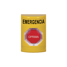 Botón de Emergencia en Español, Color Amarillo, Acción Mantenida, Girar para Restablecer y LED Multicolor
