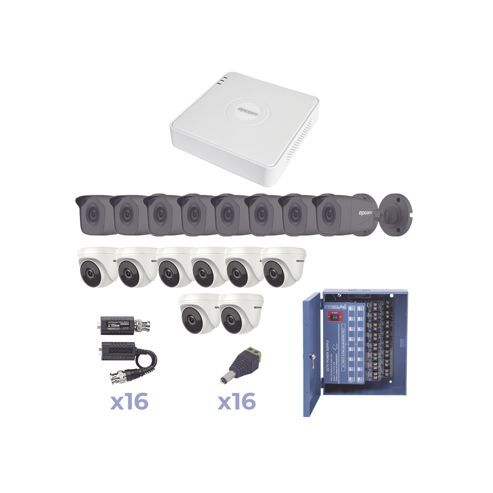 KIT TurboHD 720p / DVR 16 Canales / 8 Cámaras Bala (exterior, gran angular) / 8 Cámaras Eyeball / Transceptores / Conectores / Fuente de poder profesional Heavy Duty 20A, Hasta 15Vcd para Larga Distancia