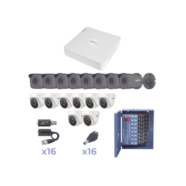 KIT TurboHD 720p / DVR 16 Canales / 8 Cámaras Bala (exterior, gran angular) / 8 Cámaras Eyeball / Transceptores / Conectores / Fuente de poder profesional Heavy Duty 20A, Hasta 15Vcd para Larga Distancia