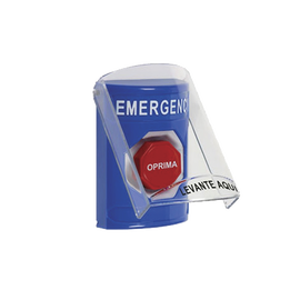 Botón de Emergencia en Español con Tapa Protectora de Policarbonato Súper Resistente, Restablecimiento con Llave y Sirena