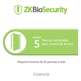 Licencia para ZKBiosecurity permite agregar 5 puertas adicionales (requiere licencia de 25 puertas o mas)