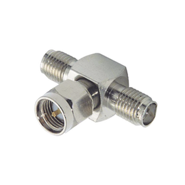 Adaptador en T, de Conector SMA Macho a Doble SMA Hembras, Níquel/ Oro/ Teflón.