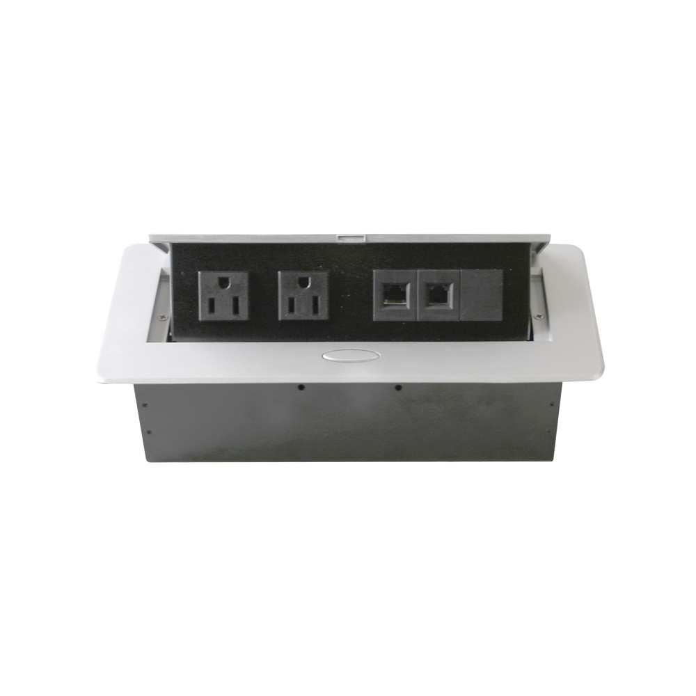 Caja horizontal de escritorio, con conector RJ45 Cat5e, RJ11, 2 contactos de 125v (11000-73201)
