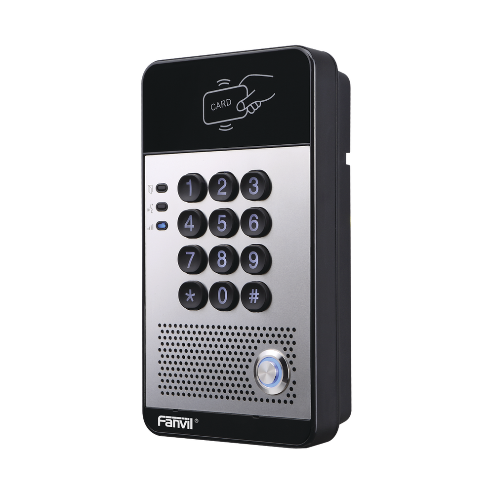 Portero IP con 2 líneas SIP, relevador integrado, teclado numérico y lectora de tarjetas RFID para control de acceso, PoE