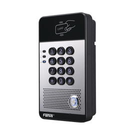 Portero IP con 2 líneas SIP, relevador integrado, teclado numérico y lectora de tarjetas RFID para control de acceso, PoE
