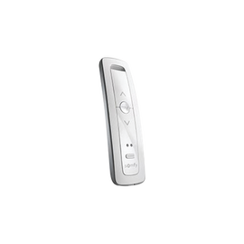 Control remoto 2 canales para motores de persiana Somfy con señal inalámbrica, instrucciones: sube, baja y detener, con posición favorita programada.