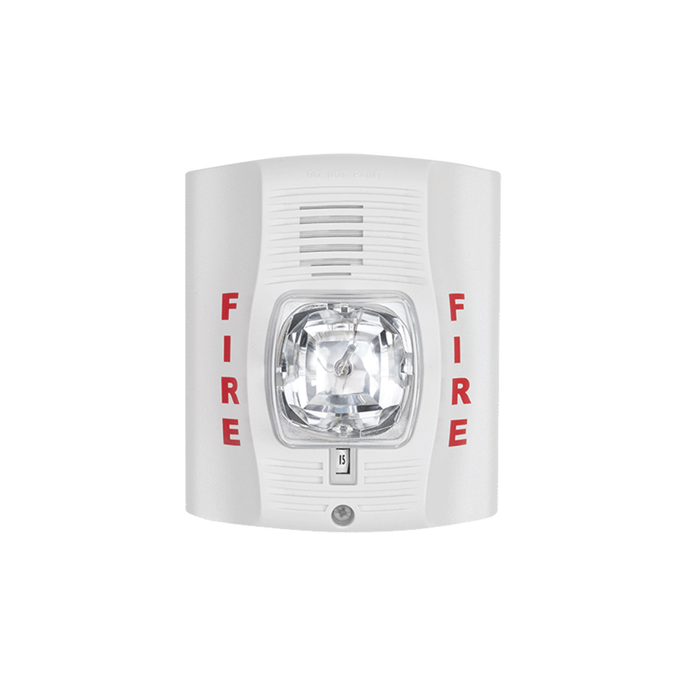 White two-wire horn strobe with selectable strobe settings