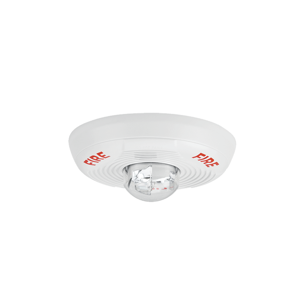 White two-wire ceiling-mount horn strobe with selectable strobe settings