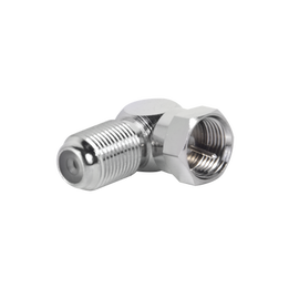 Adaptador en Angulo Recto para 75 Ohm, de F Macho a F Hembra, Niquel / Niquel / Polietileno.