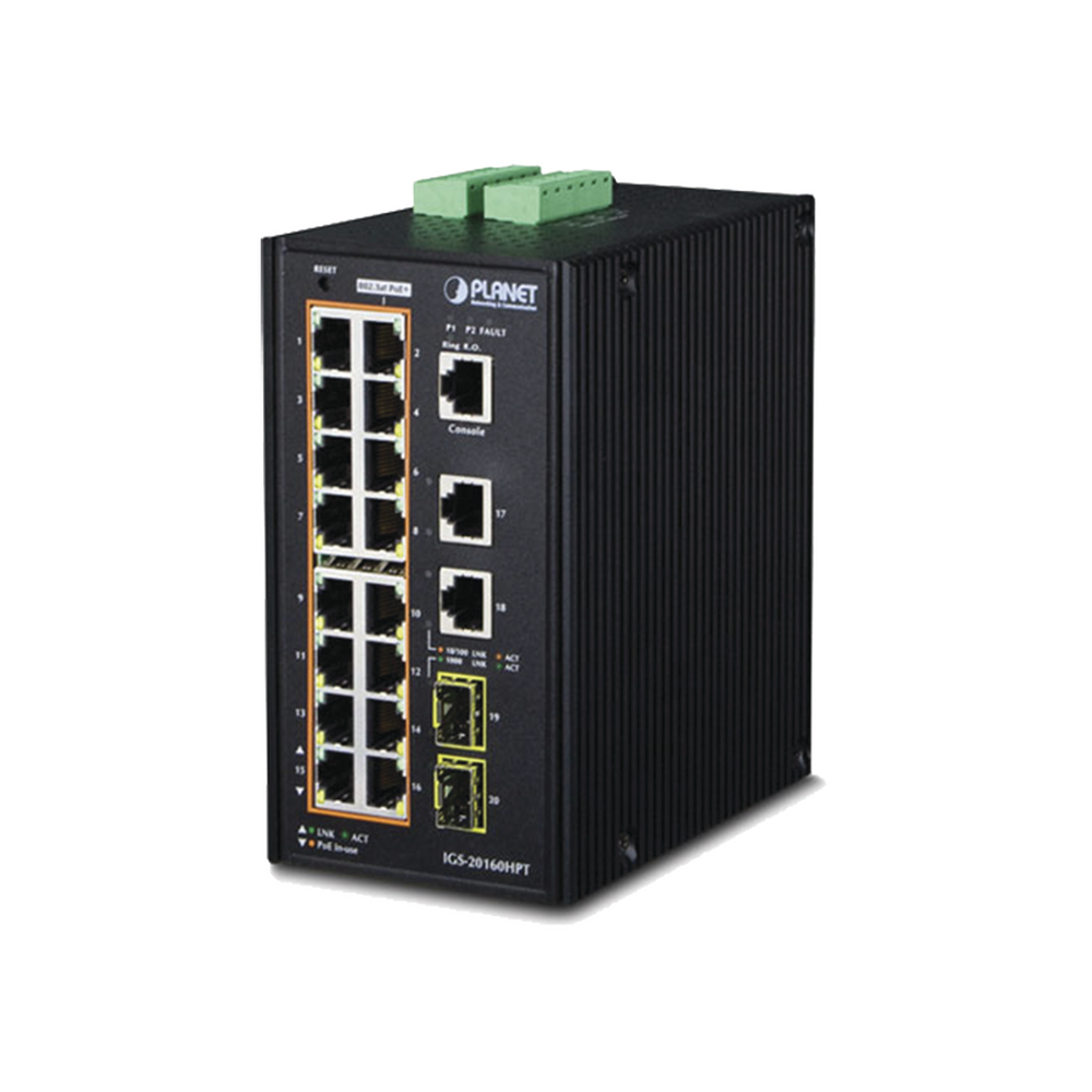 Switch Industrial Administrable 16 puertos 10/100/1000 T 802.3at PoE + 2 Puertos 10/100/1000 T + 2 puertos 100/1000 X SFP
