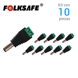 KIT 10 CONECTORES DE CORRIENTE MACHO 10x FS-MC01 FOLKSAFE, TIPO JACK 3.5 MM PARA ALIMENTAR CAMARAS CCTV O REALIZAR EMPALME DE CABLEADO, CON BLOQUE POLARIZADO(+/-) PARA ATORNILLAR CABLE DE CORRIENTE O UTP, MEDIDAS DEL CONECTOR 2.1 x 5.5 mm