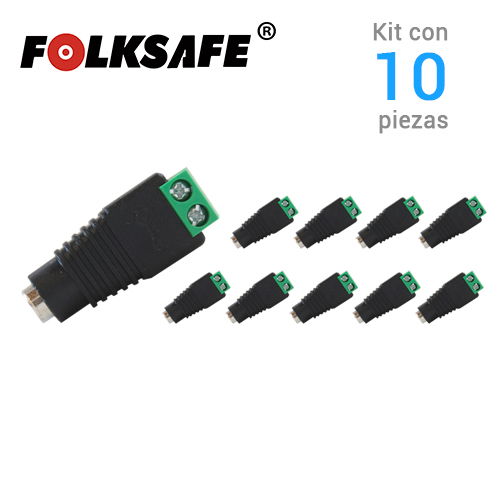 KIT 10 CONECTORES DE CORRIENTE HEMBRA 10x FS-FC01 FOLKSAFE, TIPO JACK 3.5 MM PARA ALIMENTAR CAMARAS CCTV O REALIZAR EMPALME DE CABLEADO, CON BLOQUE POLARIZADO(+/-) PARA ATORNILLAR CABLE DE CORRIENTE O UTP, MEDIDAS DEL CONECTOR 2.1 x 5.5 MM