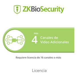 Licencia para ZKBiosecurity para modulo de video para 4 canales de video adicionales (requiere licencia de 16 canales o mas)