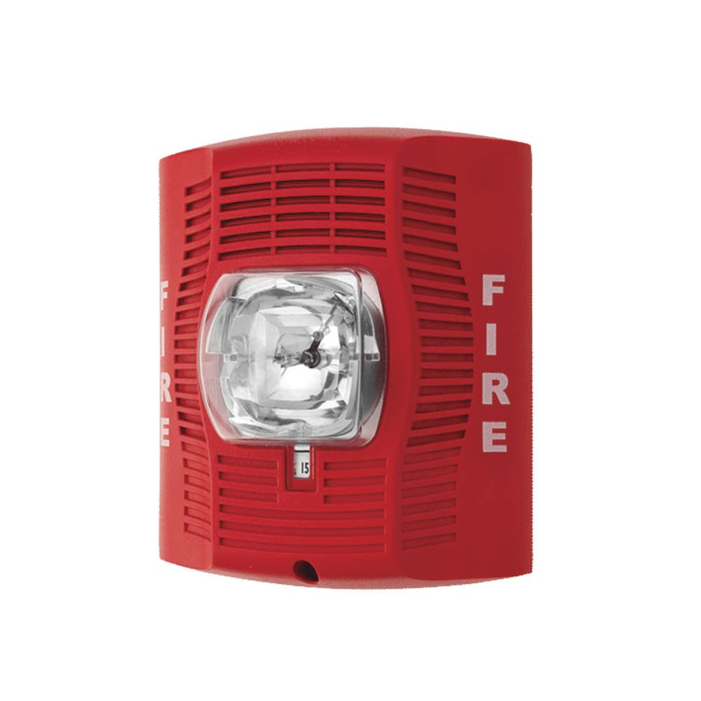 Red speaker strobe for wall installation with selectable strobe settings