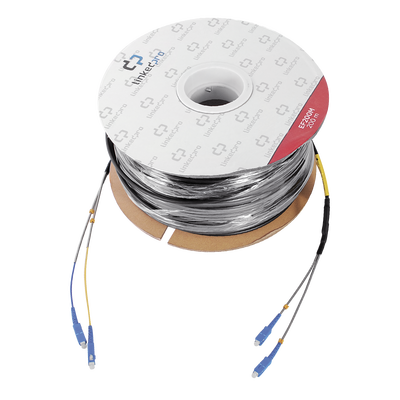 Carrete de Fibra Óptica Monomodo con conectores SC-SC Duplex, Reforzada con Kevlar, de 200 metros