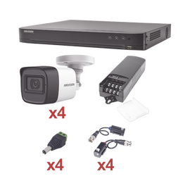 KIT TurboHD 1080p / DVR 4 Canales / 4 Cámaras Bala (exterior 2.8 mm) / Transceptores / Conectores / Fuente de Poder Profesional